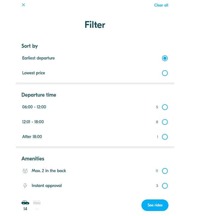 Filter Blablacar app 